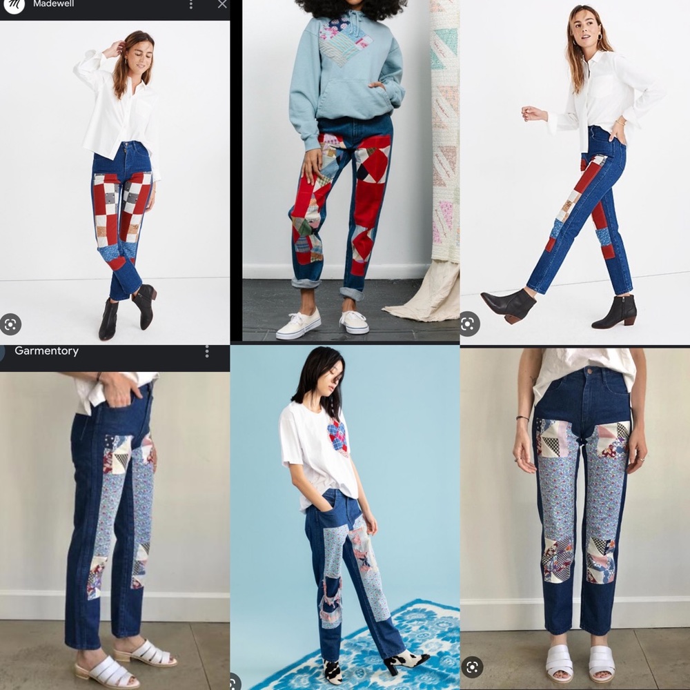 CARLEEN Patchwork Jeans One of a Kind vintage quilt Made in USA straight leg - Picture 10 of 12